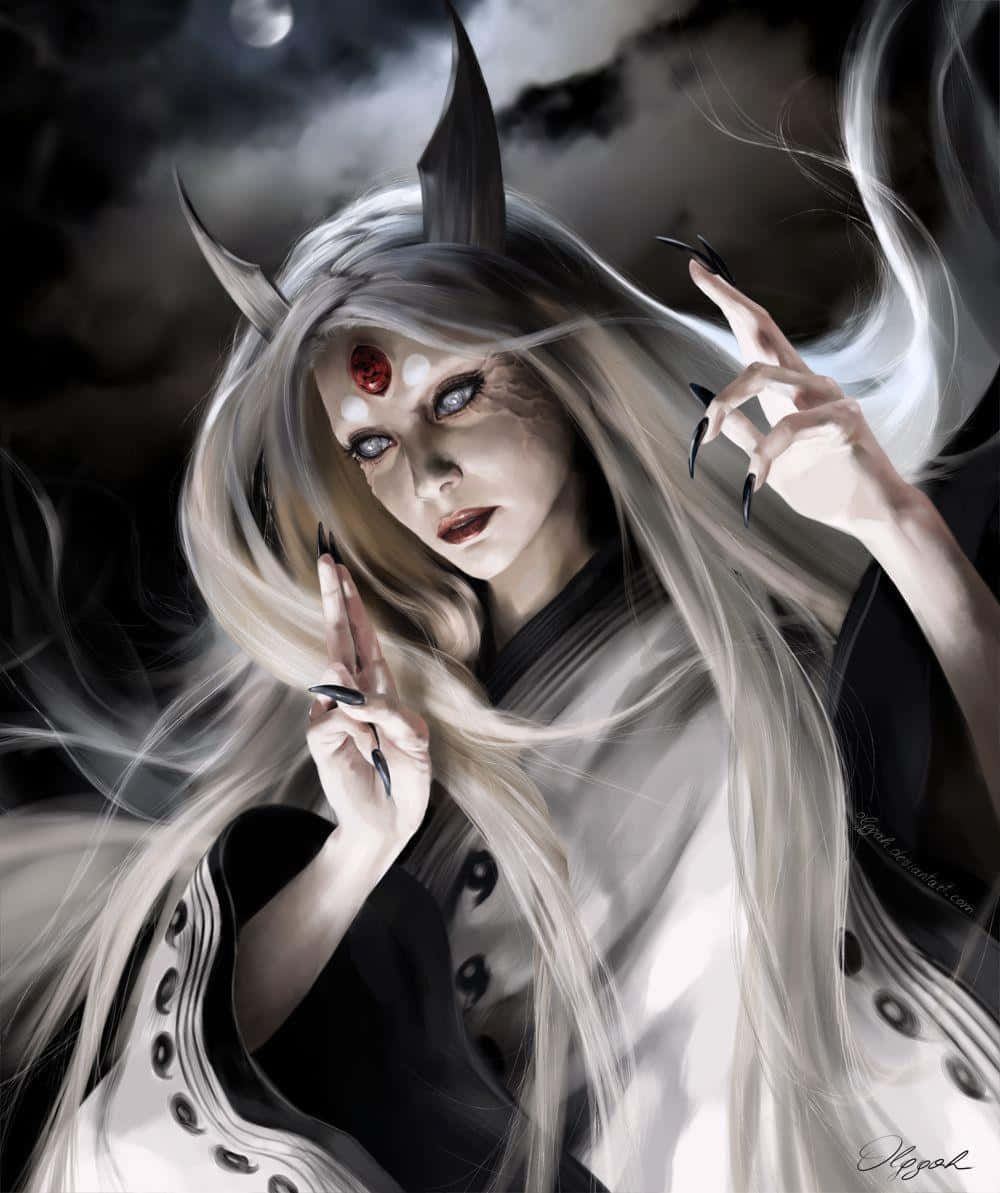 Kaguya Otsutsuki 桌布 壁紙 — 一個蒼白的動漫女性，擁有銀色頭髮和惡魔角，在月光下做出手印。