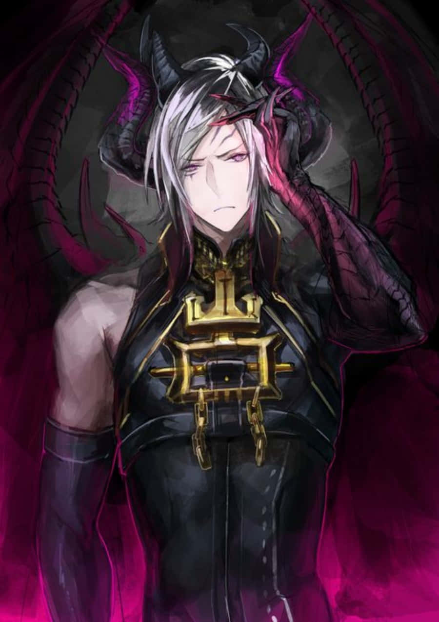 動漫惡魔 桌布 壁紙 — 一個蒼白的動漫惡魔，銀色頭髮和黑色角，站在深紫色光環中，穿著華麗的黑色和金色盔甲。