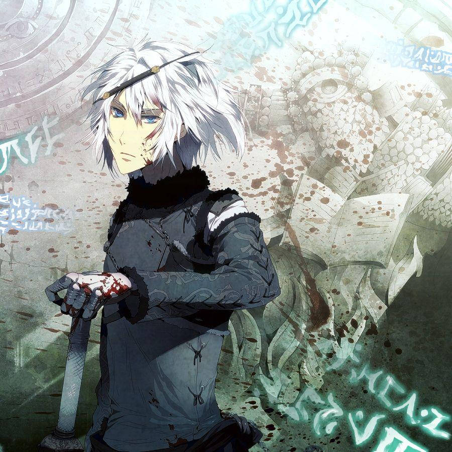 Nier 桌布 壁紙 — 一個蒼白的動漫戰士，白髮和沾滿血的手，跪著持劍，背景充滿神秘符文。