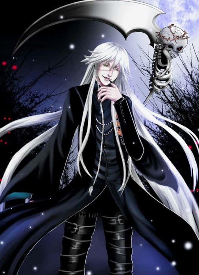 Black Butler Undertaker 桌布 壁紙 — 一個蒼白的動漫死神，長長的白髮，在繁星點點的夜空下，揮舞著鐮刀，周圍是光禿禿的樹木。