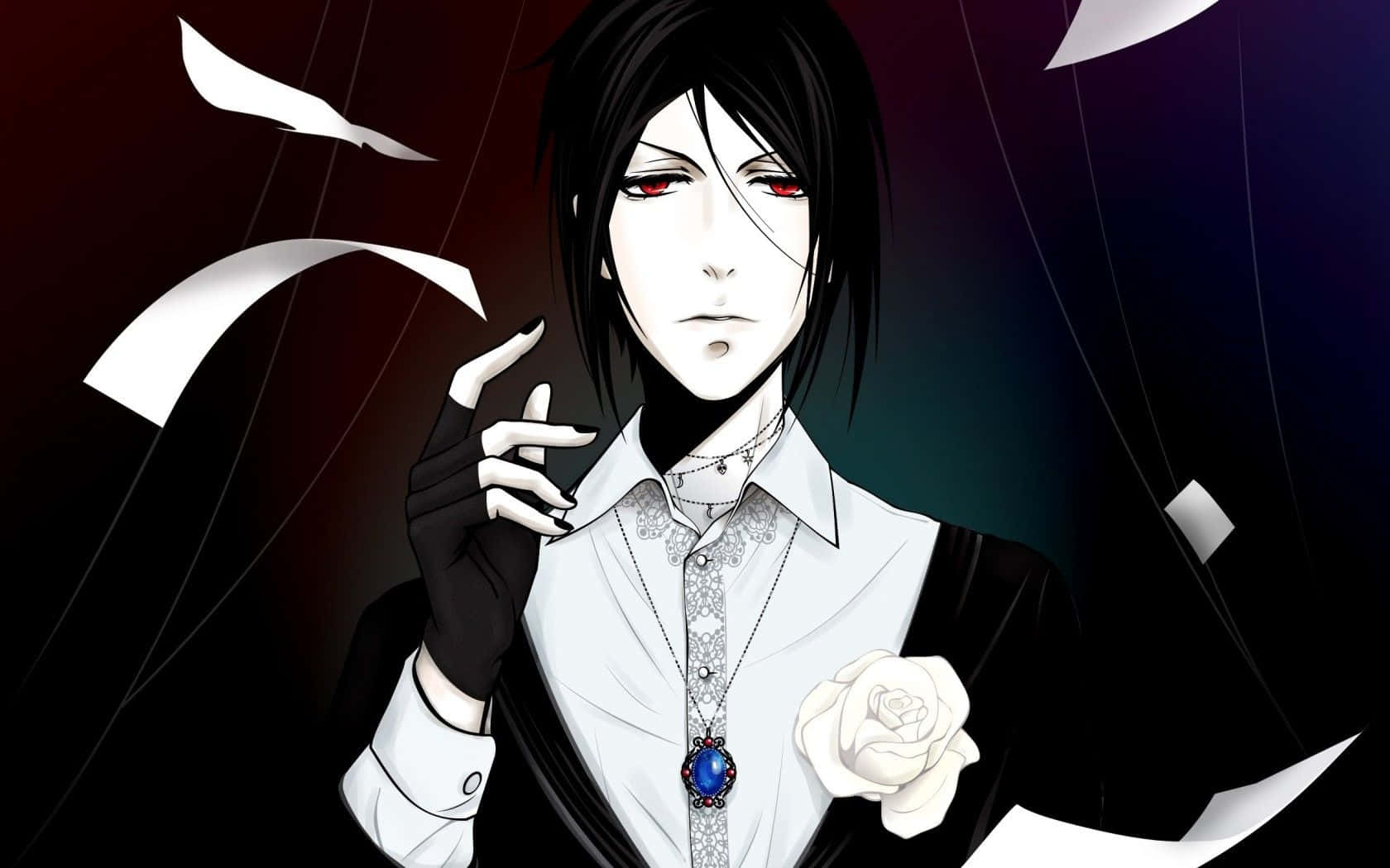 Black Butler 桌布 壁紙 — 一個蒼白的動漫男人，黑髮紅眼，身穿白襯衫、黑色外套，佩戴一朵白玫瑰，漂浮的紙張在他周圍旋轉。