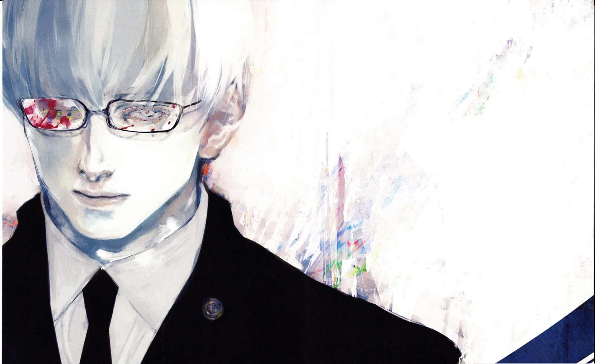 Kishou Arima 桌布 壁紙 — 一個蒼白的動漫男子，白髮戴眼鏡，在明亮的抽象背景中，鏡片反射出紅花。