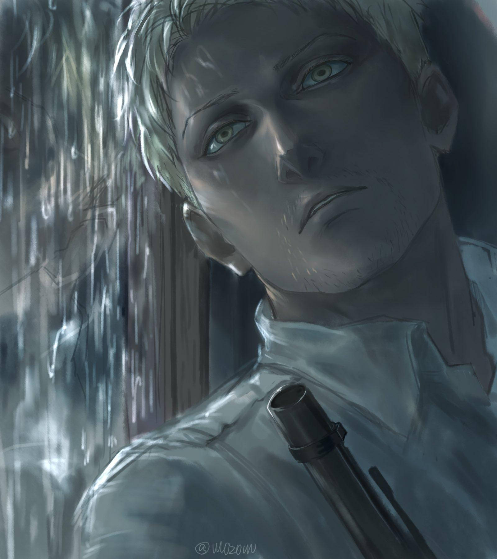 Reiner 桌布 壁紙 — 一個蒼白的動漫男子，綠色眼睛，濕漉漉的頭髮，透過雨痕斑斑的玻璃凝視著。