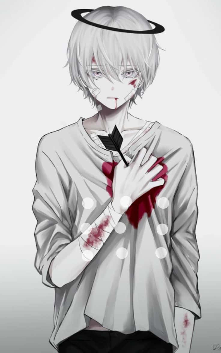 Broken Heart Anime 桌布 壁紙 — 一個蒼白的動漫男孩，帶有黑色光環和血跡，抓著胸口，一支箭刺穿了他的心臟。