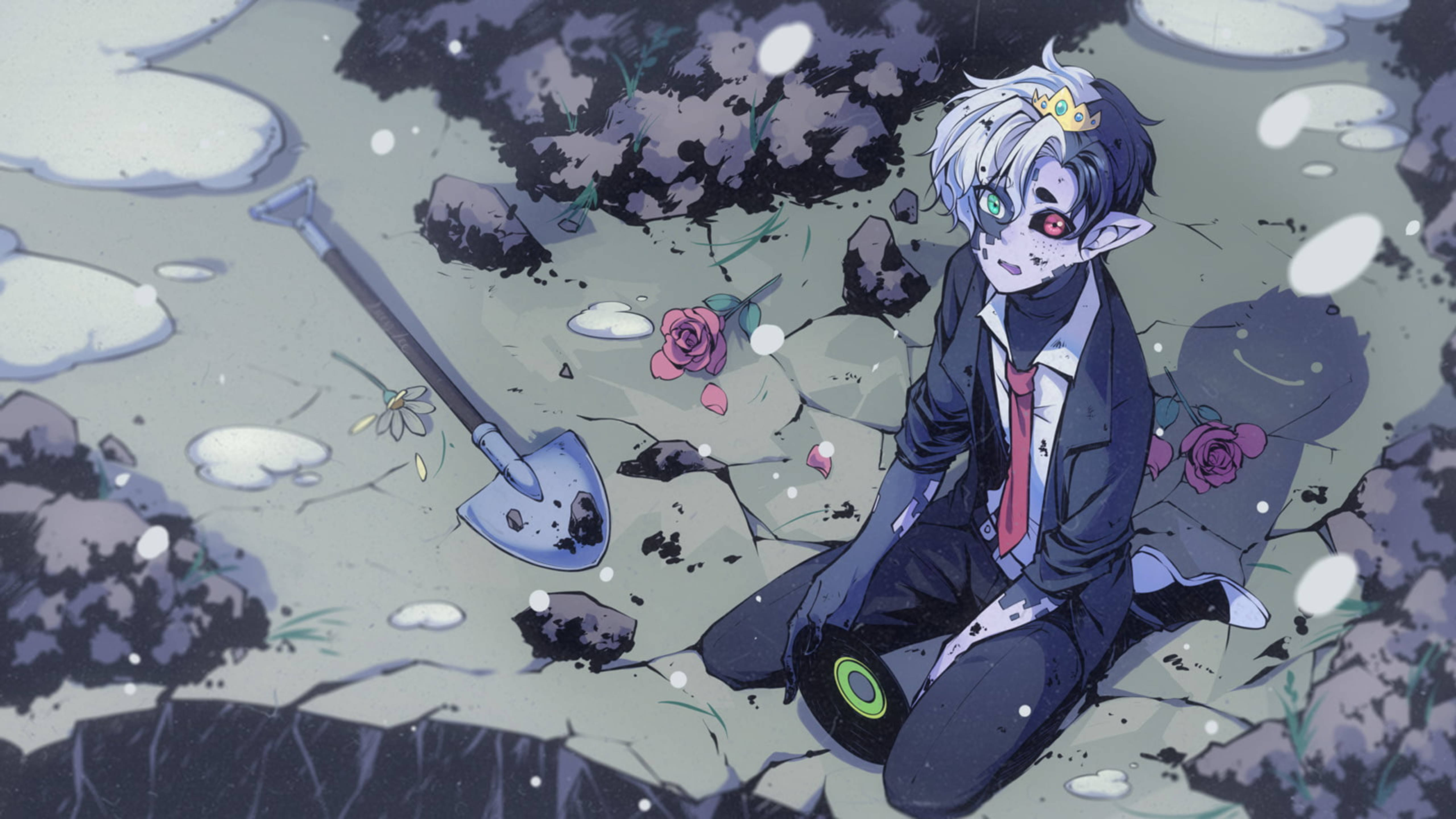 Smp 桌布 壁紙 — 一個蒼白的動漫男孩，擁有綠色和紅色的眼睛，坐在龜裂的土地上，旁邊有一把鏟子和掉落的玫瑰，天空飄著雪。