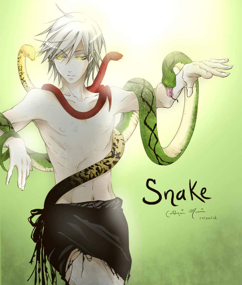 Black Butler Snake 桌布 壁紙 — 一個蒼白的動漫男孩，有著發光的黃色眼睛，被四條色彩繽紛的蛇包圍，背景是柔和的綠色漸層。