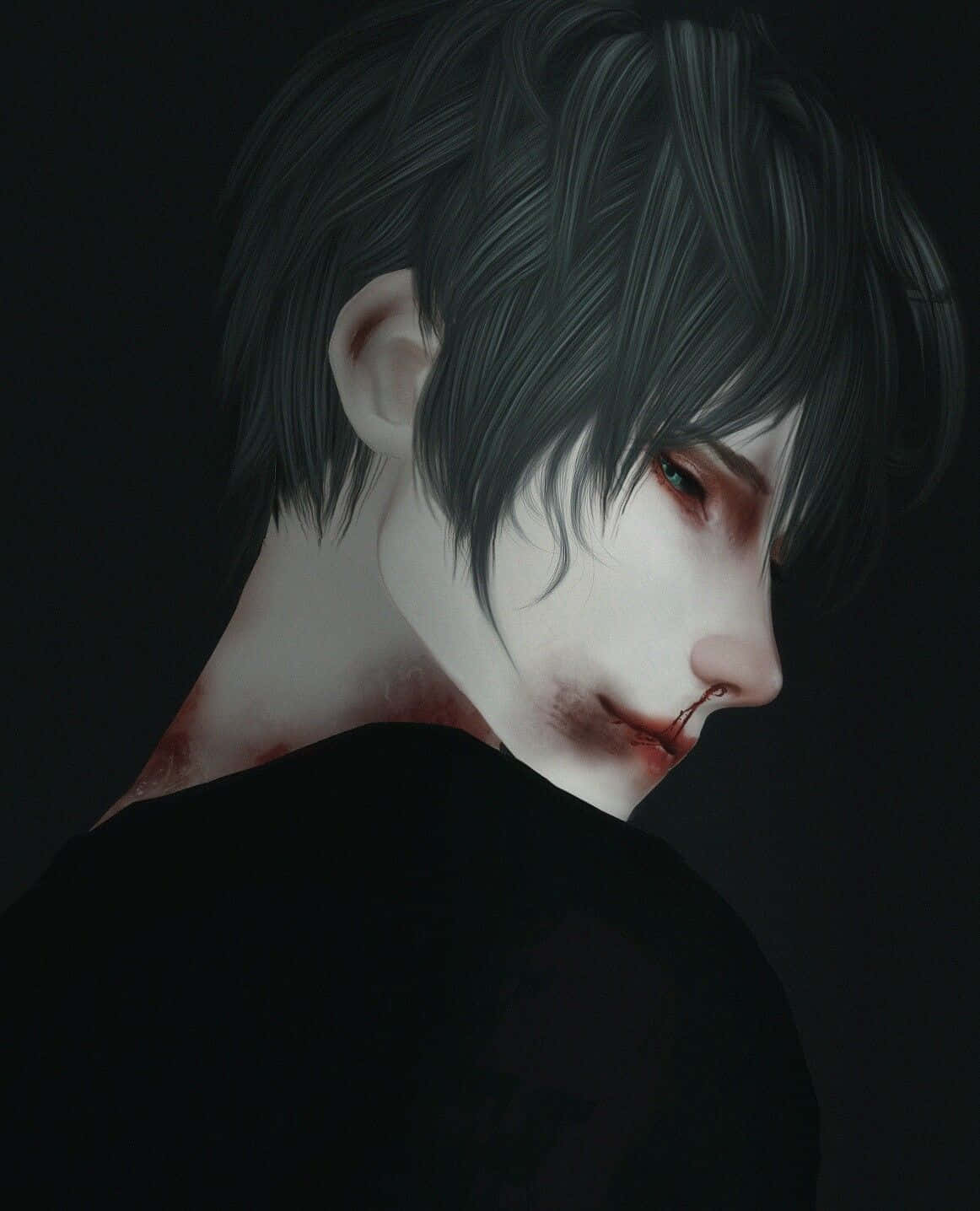 Horror Anime Boy 桌布 壁紙 — 一個蒼白的動漫男孩，深色頭髮，頸部和嘴唇上有血，在黑色背景前向下凝視。