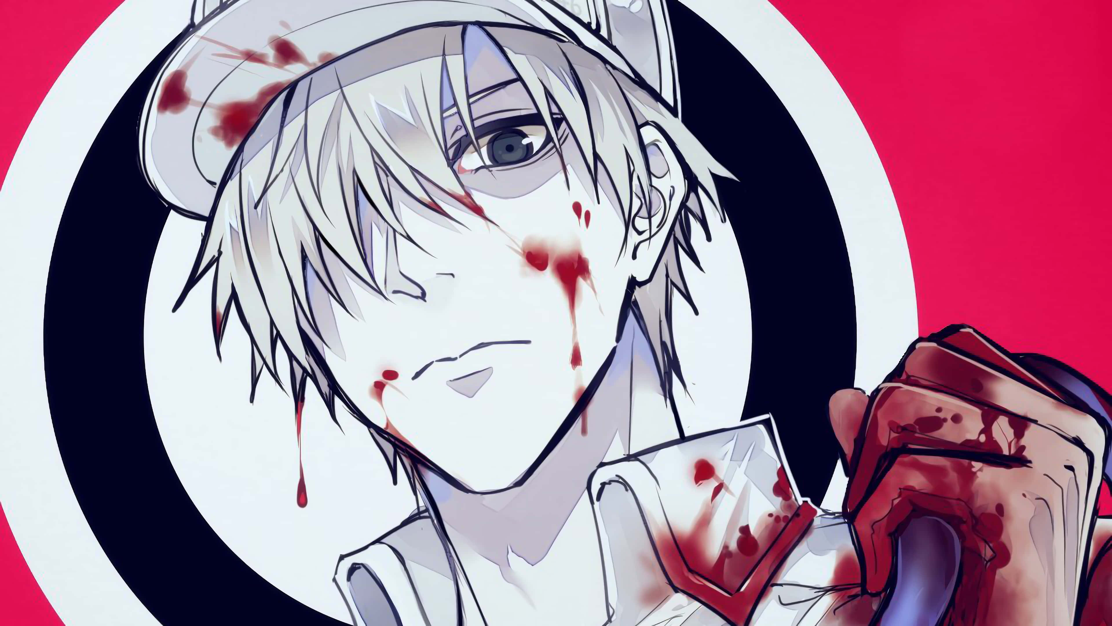 Cells At Work 桌布 壁紙 — 一個蒼白的動漫男孩，白髮，臉上帶有血痕，手持血淋淋的武器，背景是醒目的紅黑圓形。