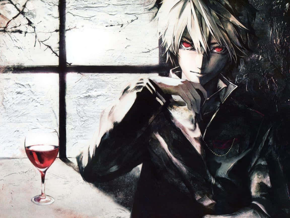 Emo Anime Boy 桌布 壁紙 — 一個蒼白的動漫男孩，紅眼睛白頭髮，坐在窗邊，手拿酒杯，在一個氣氛濃厚、有紋理的房間裏。