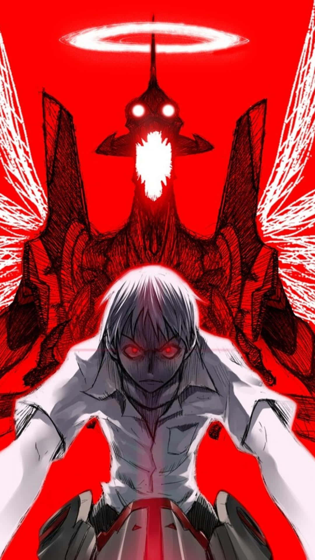 動漫 桌布 壁紙 — 一個蒼白的動漫男孩，紅色的眼睛直視前方，一個黑暗有翼的惡魔，眼睛發光，在他身後隱現，背景是血紅色。