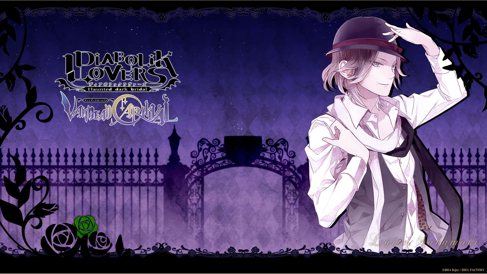 Diabolik Lovers 桌布 壁紙 — 一個蒼白的動漫男孩穿著白色外套和帽子，站在哥德式大門前，背景是帶有玫瑰和藤蔓的紫色夜空。
