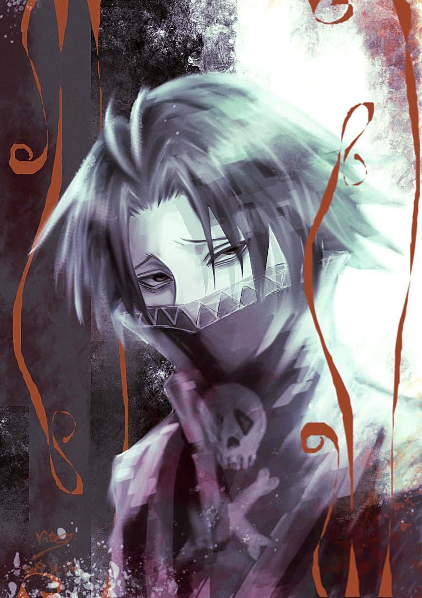 Feitan 桌布 壁紙 — 一個蒼白的動漫角色，戴著鋸齒面具和骷髏吊墜，站在帶有橙色條紋的深色抽象背景前。