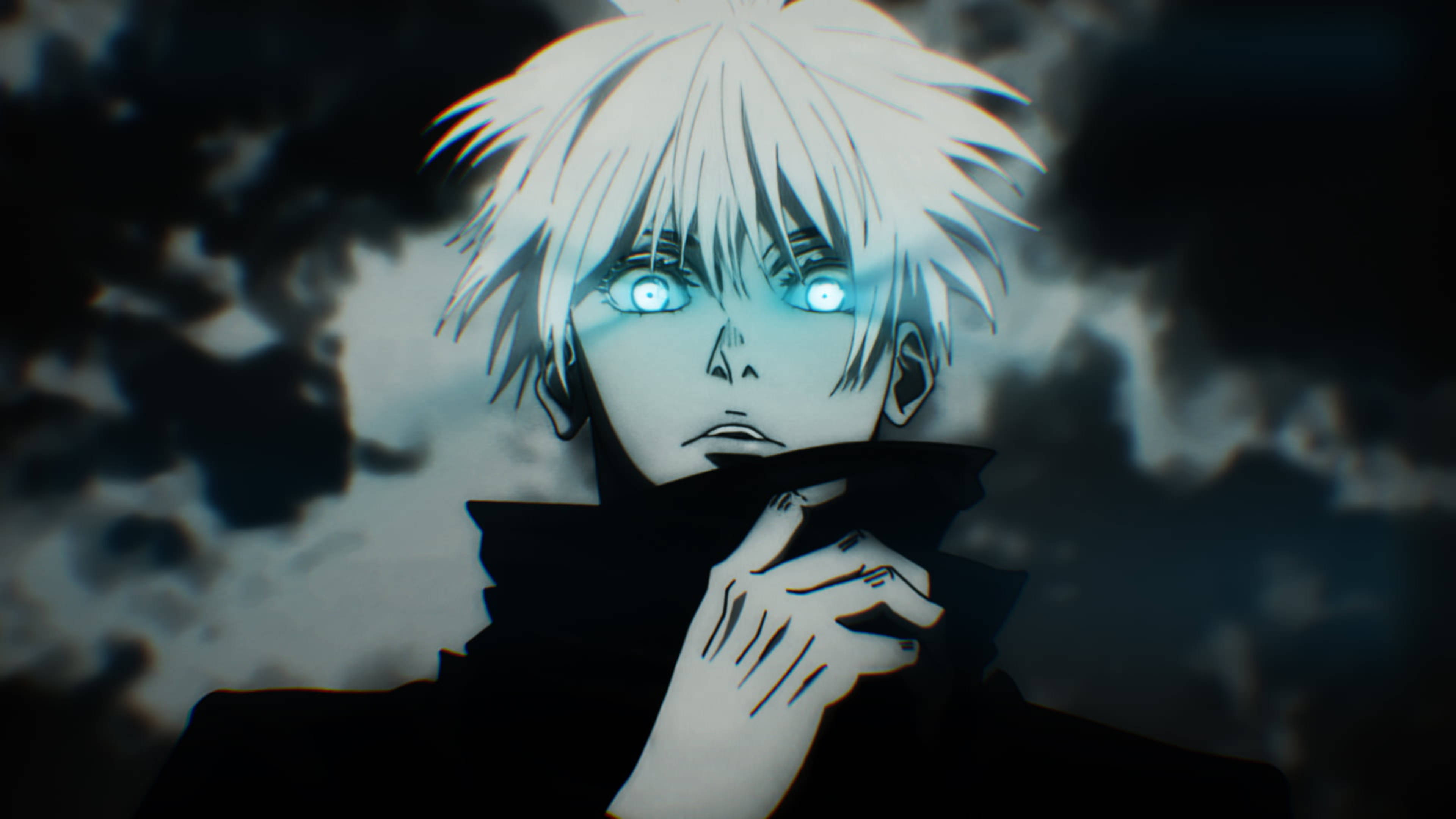 Gojo 桌布 壁紙 — 一個蒼白的動漫角色，擁有發光的藍色眼睛和尖刺的白髮，在暴風雨的灰色天空下強烈凝視。