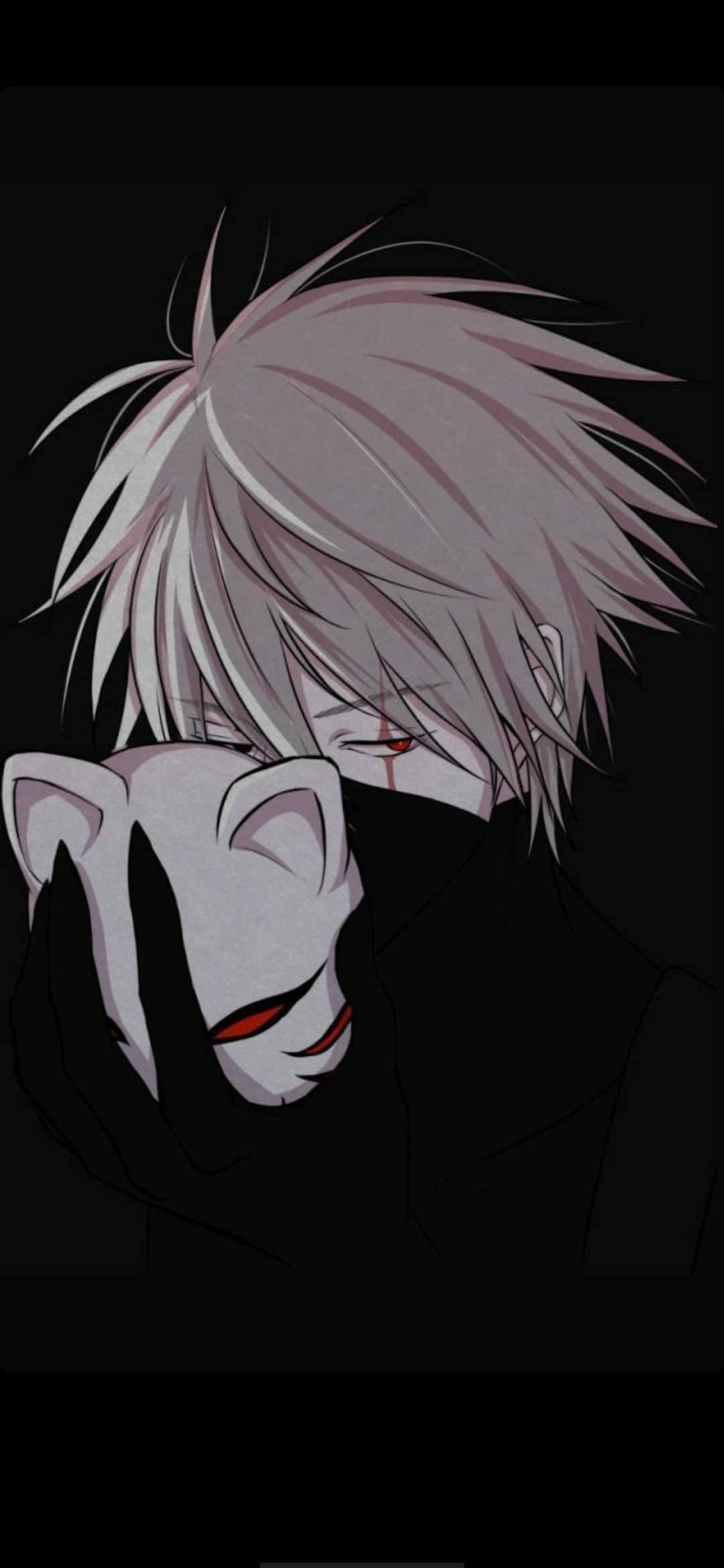 Naruto Kakashi 桌布 壁紙 — 一個蒼白的動漫角色，有著尖刺的銀色頭髮，在黑色背景前將一個白色貓面具舉在臉上。