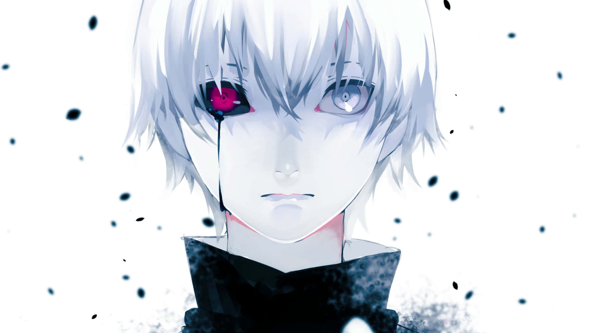 Anime White 桌布 壁紙 — 一個蒼白的動漫角色，白髮，眼睛顏色不同，一隻發光的粉紅色，另一隻灰色，粉紅色的眼睛流下一滴眼淚，背景是純白色帶有黑色斑點。