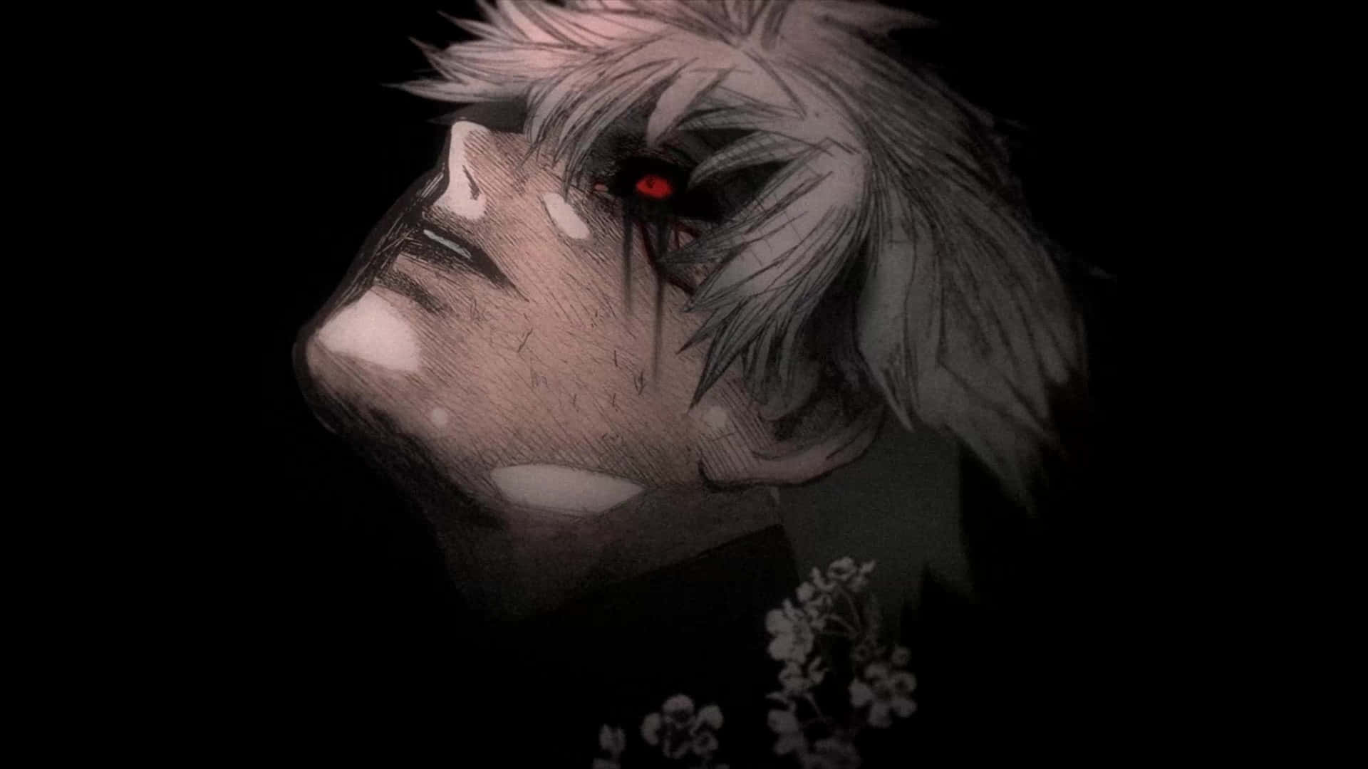 Urban Fantasy 桌布 壁紙 — 一個蒼白的動漫角色，白髮和發光的紅眼睛，在帶有淡淡花卉細節的黑色背景上向上凝視。