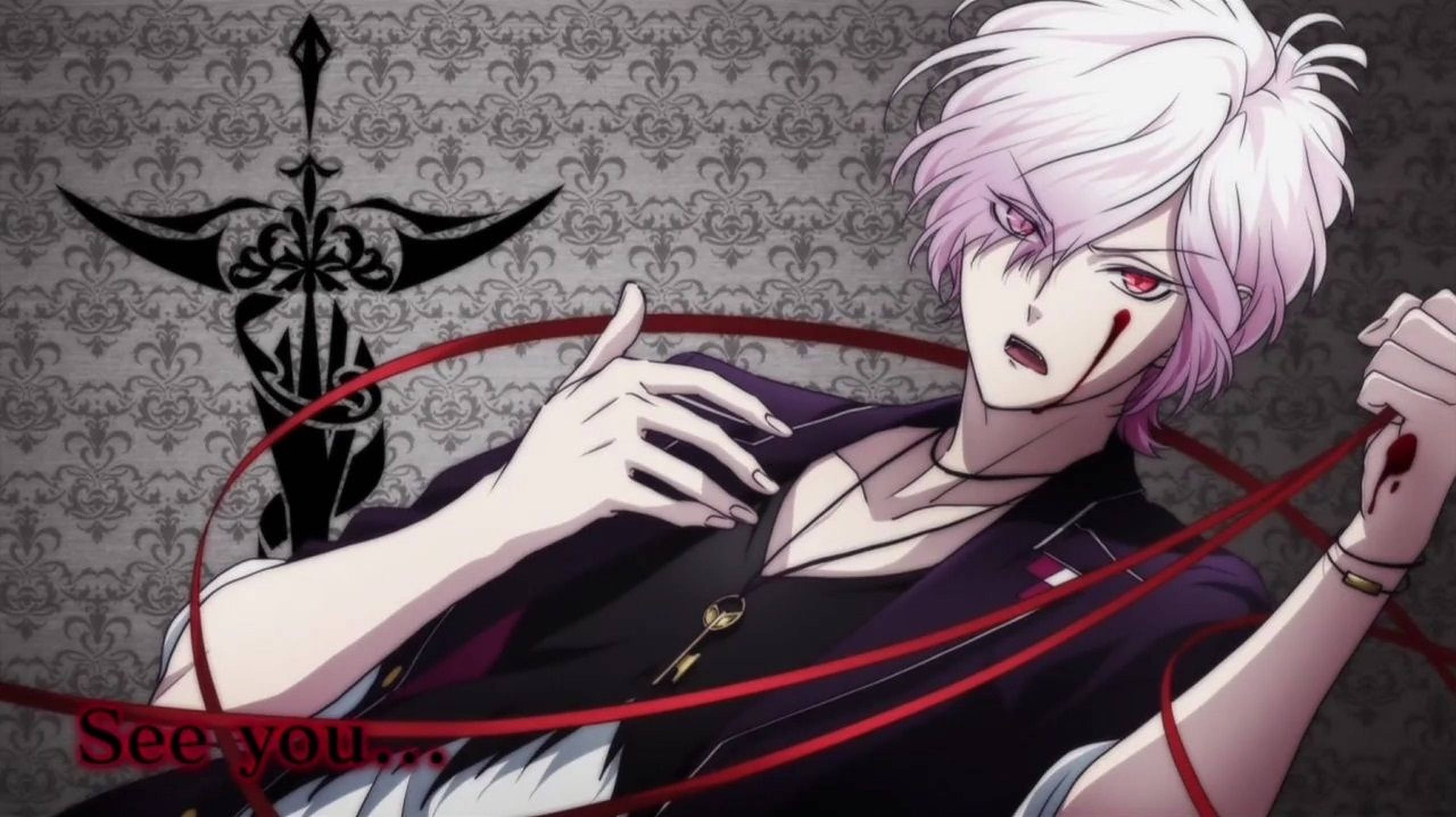 Diabolik Lovers 桌布 壁紙 — 一個蒼白的動漫角色，白髮紅眼，在帶有黑色劍徽的錦緞壁紙前握著紅線。
