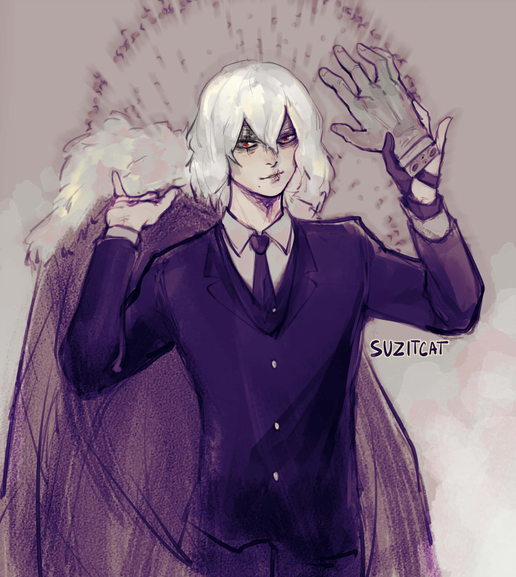Shigaraki 桌布 壁紙 — 一個蒼白的動漫角色，白髮紅眼，穿著深色西裝，舉起雙手，雙手散發出發光的能量。