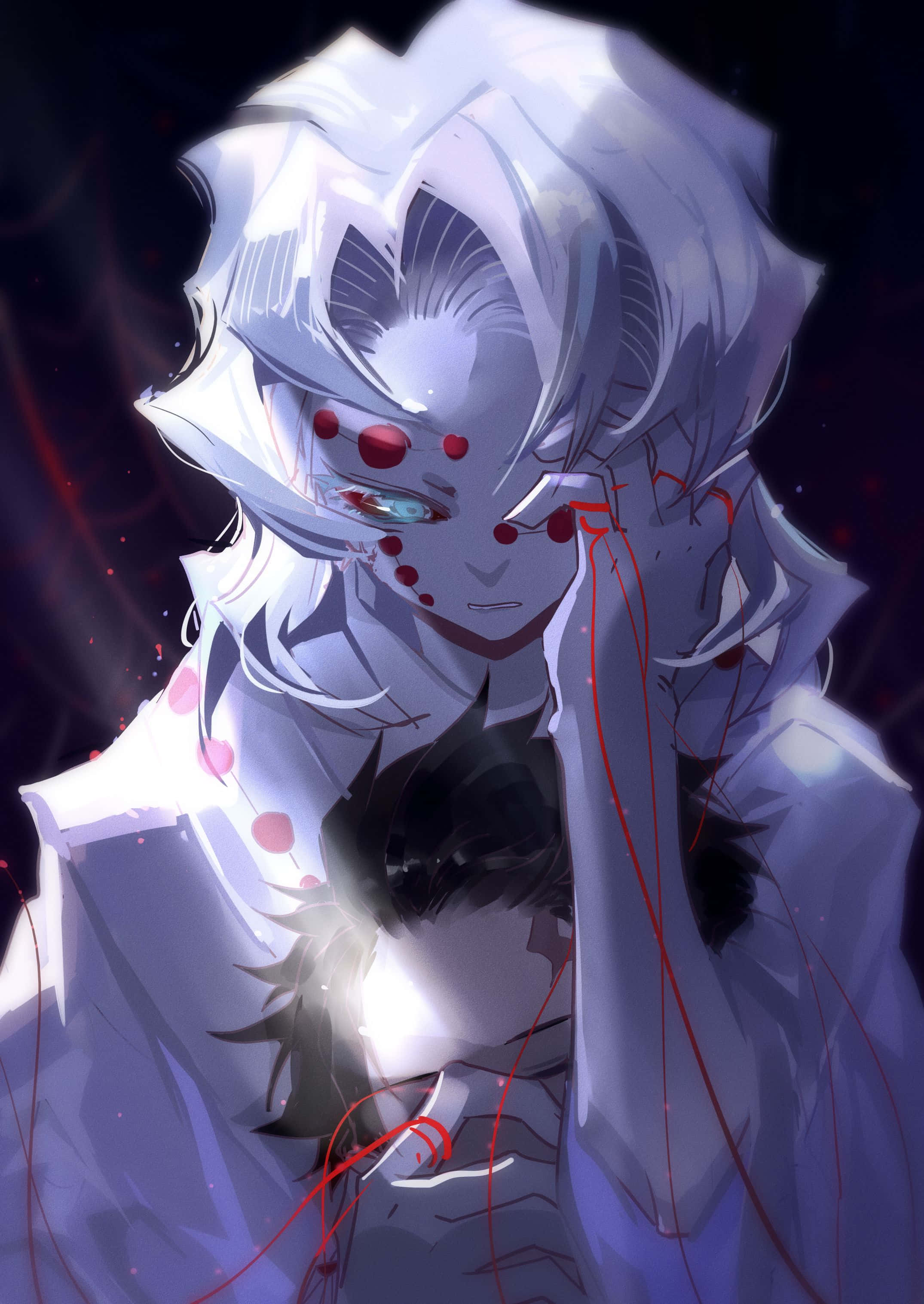 動漫惡魔 桌布 壁紙 — 一個蒼白的動漫角色，白髮紅紋，懷抱著一個黑髮人物，背景是星空夜晚。