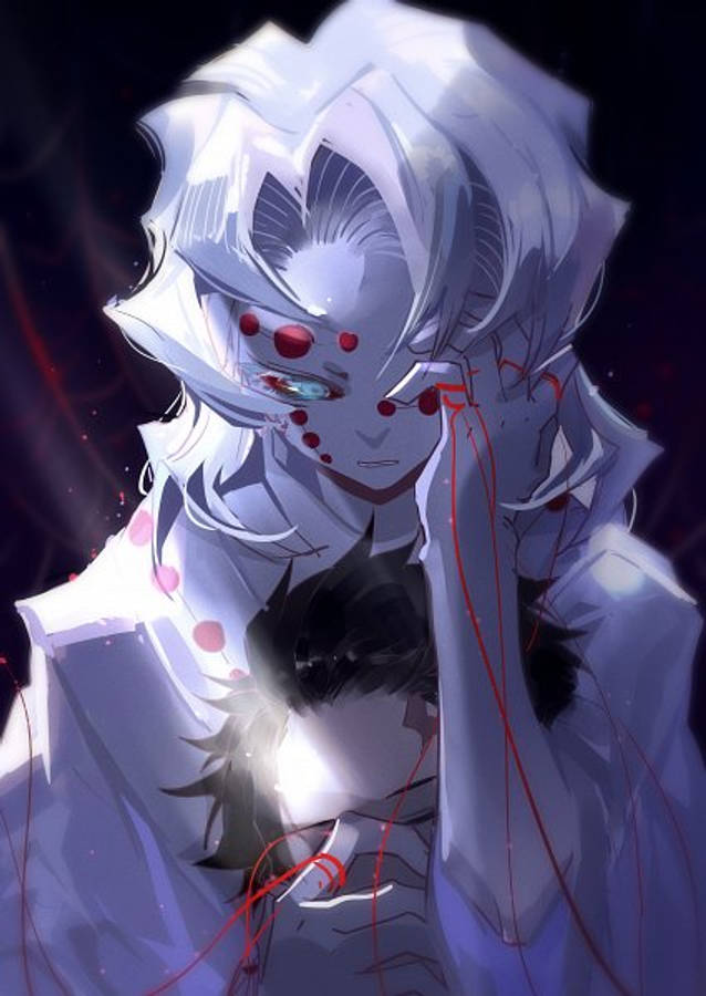 Rui 桌布 壁紙 — 一個蒼白的動漫角色，白髮紅紋，懷抱著一個黑髮人物，背景是帶有紅色條紋的黑暗色調。