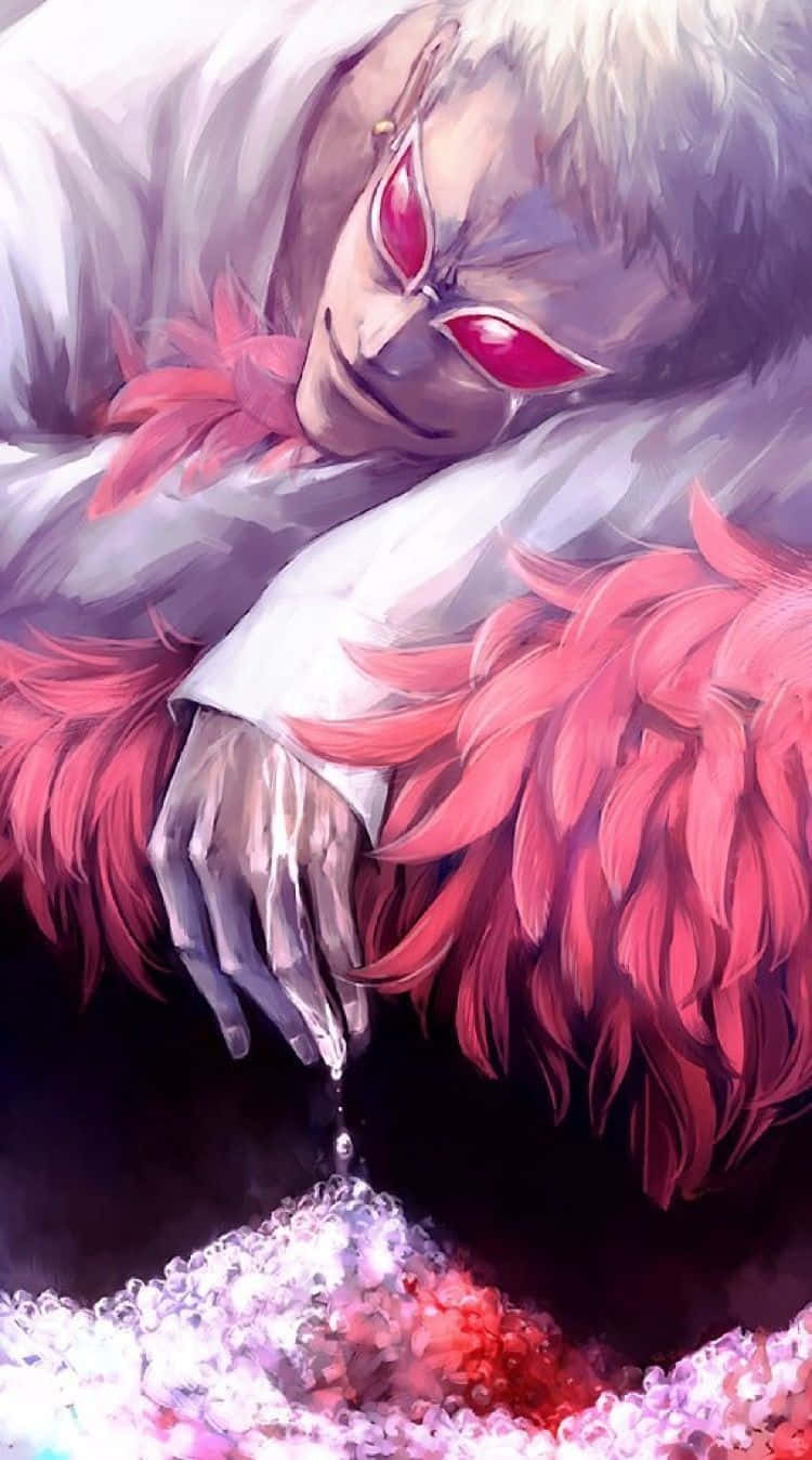 Donquixote Doflamingo 桌布 壁紙 — 一個蒼白的動漫角色，紅眼睛，披著粉紅色羽毛斗篷，將頭靠在手上，位於閃閃發光的水晶池上方。