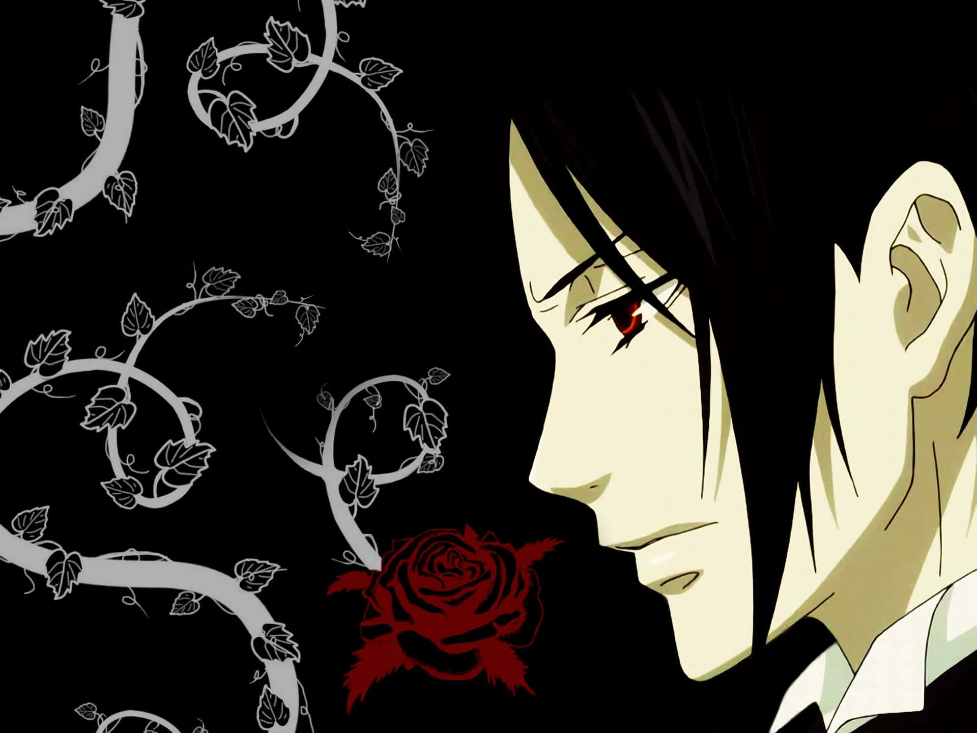 sebastian michaelis 桌布 壁紙 — 一個蒼白的動漫角色，紅色的眼睛凝視著一朵紅玫瑰，周圍是旋轉的白色藤蔓，背景為黑色。