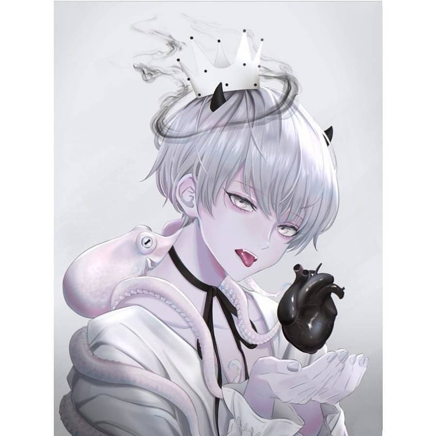 Aesthetic Anime Boy 桌布 壁紙 — 一個蒼白的動漫角色，銀色頭髮和惡魔角，手持黑色心臟，同時一隻章魚纏繞著他們的肩膀。