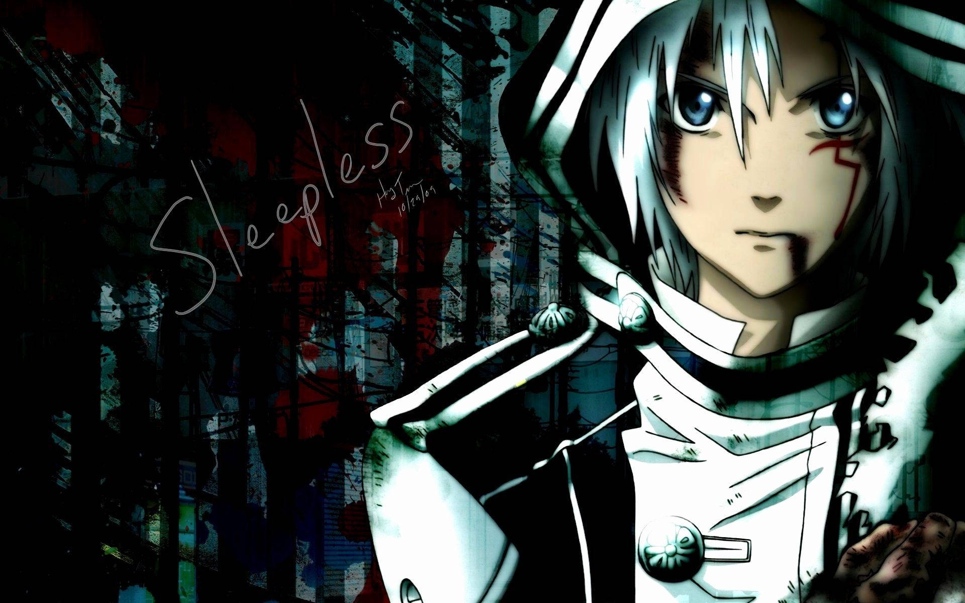 Aesthetic Anime Pfp 桌布 壁紙 — 一個蒼白的動漫角色，銀色頭髮和藍色眼睛，在黑暗骯髒的背景上帶有紅色條紋和白色字樣 'Sleepless' 的背景下強烈凝視。