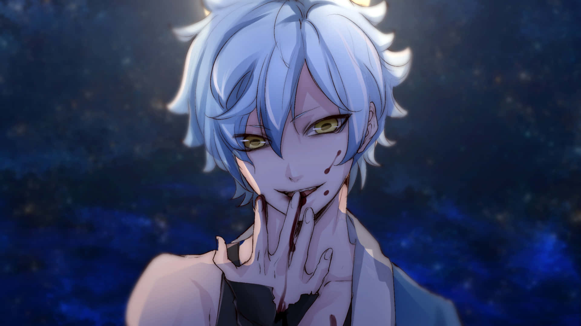 Mitsuki 桌布 壁紙 — 一個蒼白的動漫角色，銀髮金瞳，在繁星點點的夜空下將沾血的手指放在唇邊。