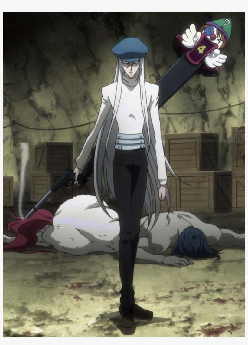 Hunter X Hunter Kite 桌布 壁紙 — 一個蒼白的動漫角色，長長的白髮和藍色貝雷帽，站在一個陰暗倉庫中倒下的身影上方，手持冒煙的槍和卡通風格的武器。