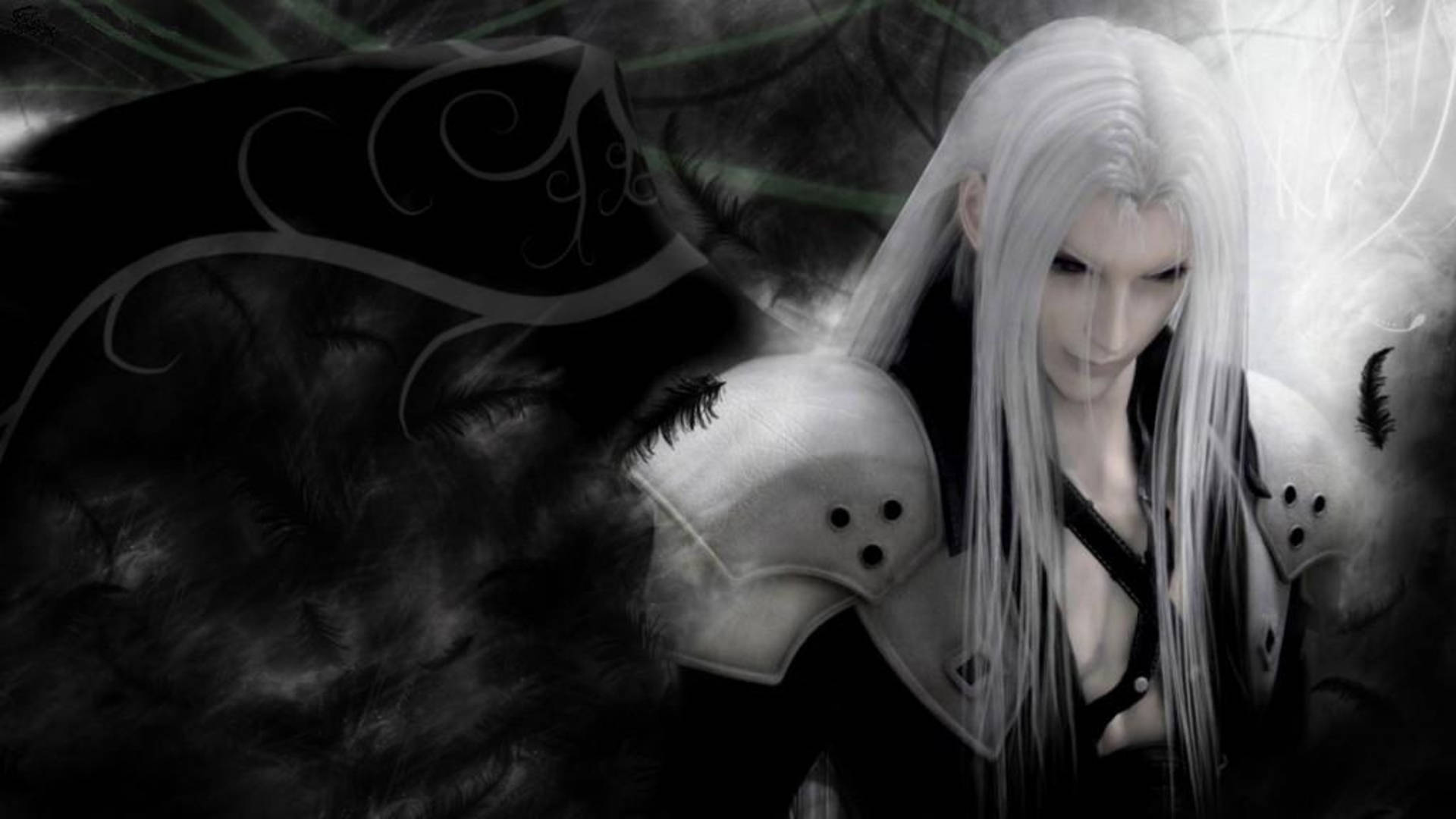 Sephiroth 桌布 壁紙 — 一個蒼白的動漫角色，長長的白髮和深色盔甲，站在旋轉的黑白煙霧中，帶有綠色發光線條。