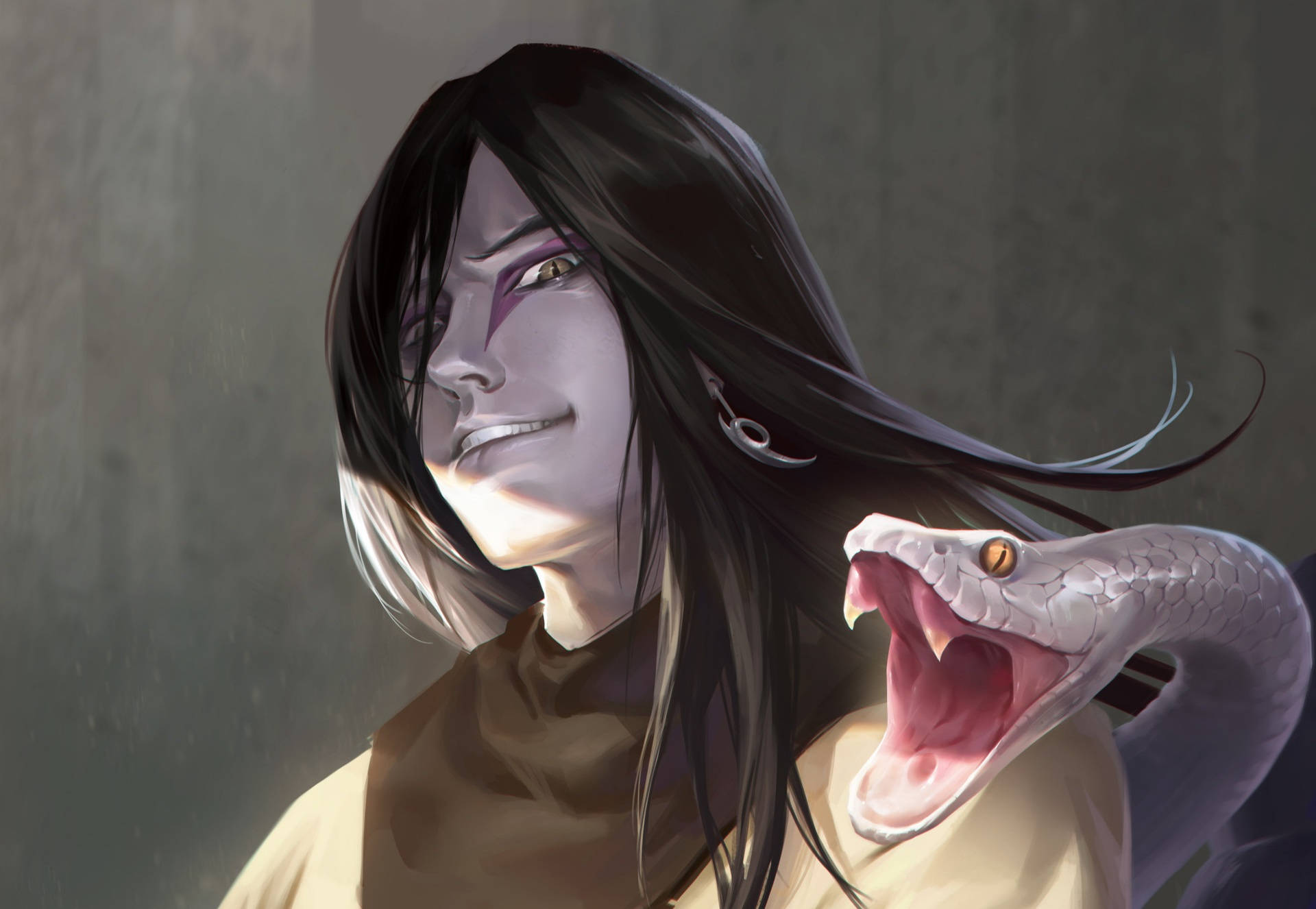 Orochimaru 桌布 壁紙 — 一個蒼白的動漫角色，長長的黑髮微笑著，一條張開嘴的白蛇靠在他們的肩膀上，背景是灰色牆壁。