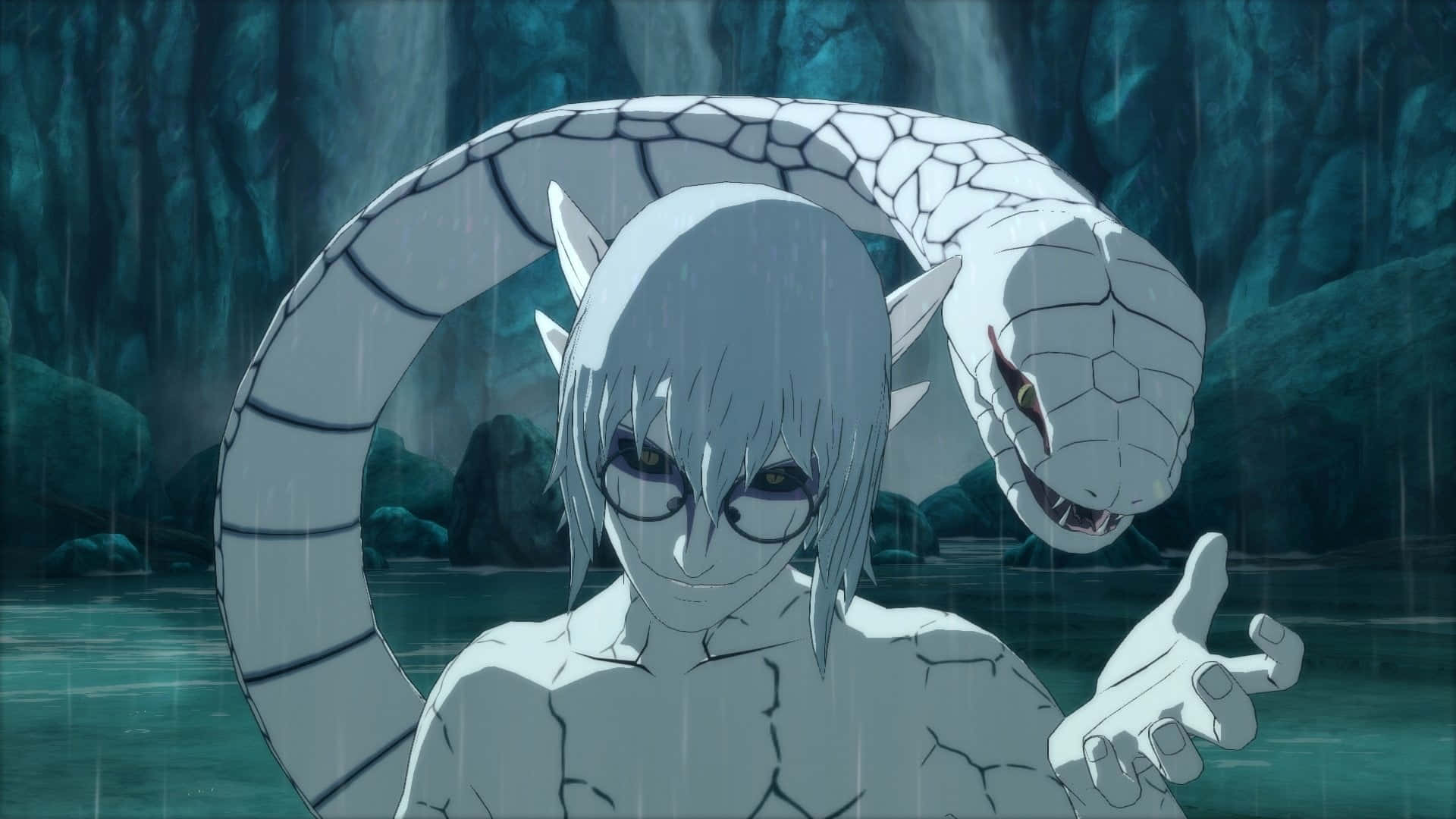 Kabuto Yakushi 桌布 壁紙 — 一個蒼白的動漫角色戴著眼鏡和角，在雨中站在一條大白蛇旁邊，位於藍綠色洞穴中。