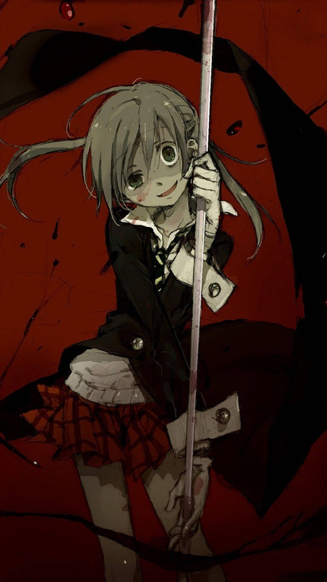 Soul Eater 桌布 壁紙 — 一個蒼白的動畫女孩，灰色頭髮，抓住一根沾血的桿子，背景是深紅色帶黑色飛濺。