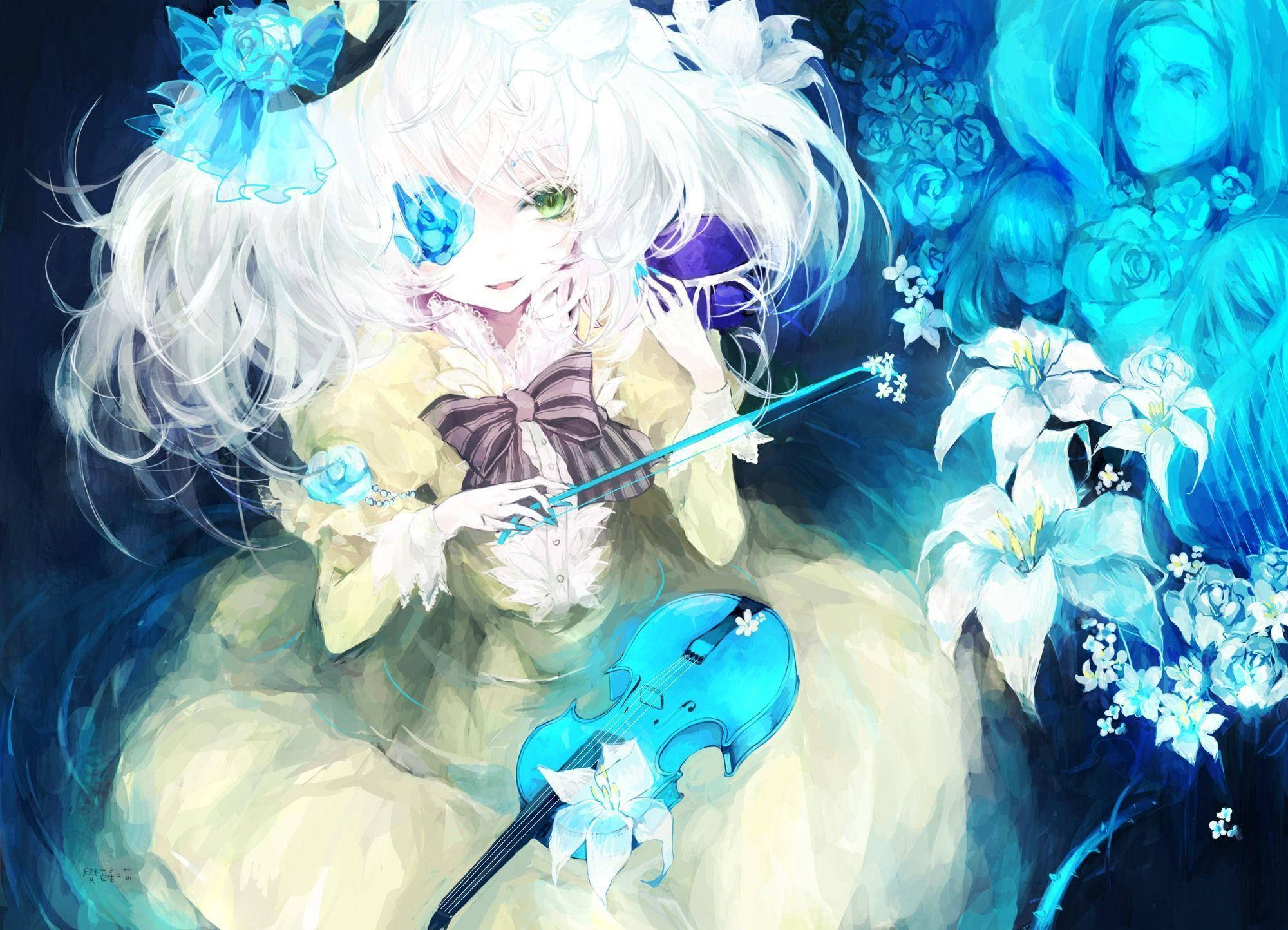 東方 桌布 壁紙 — 一個蒼白的動畫女孩，白髮藍花，在夢幻般的藍色花卉背景中演奏發光的藍色小提琴。