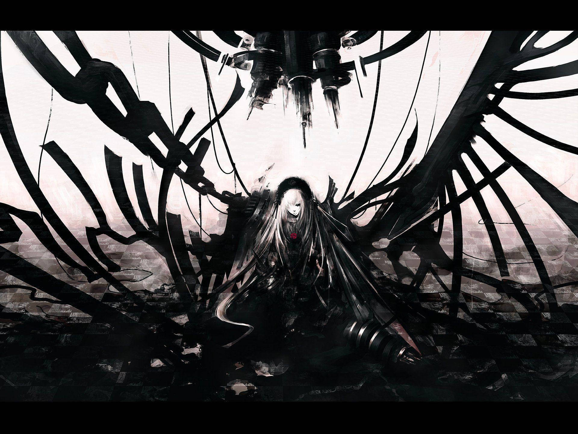 Black And White Anime 桌布 壁紙 — 一個蒼白的動畫女孩，長長的白髮，坐在一個巨大的機械吊燈下，周圍是黑色的鏈條和電線，處於黑暗的工業環境中。
