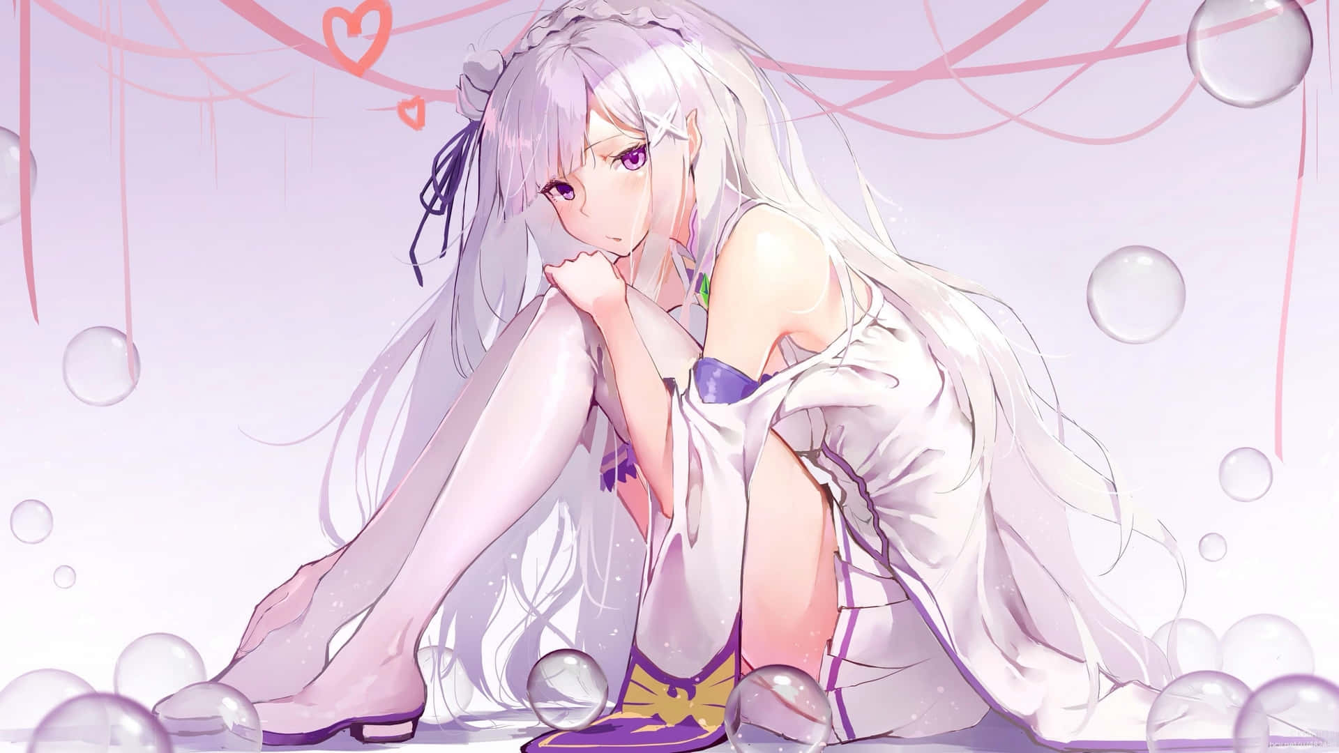 Anime White 桌布 壁紙 — 一個蒼白的動畫女孩，長長的銀色頭髮，坐在柔和的粉紅色和白色夢幻環境中的浮動氣泡之間。