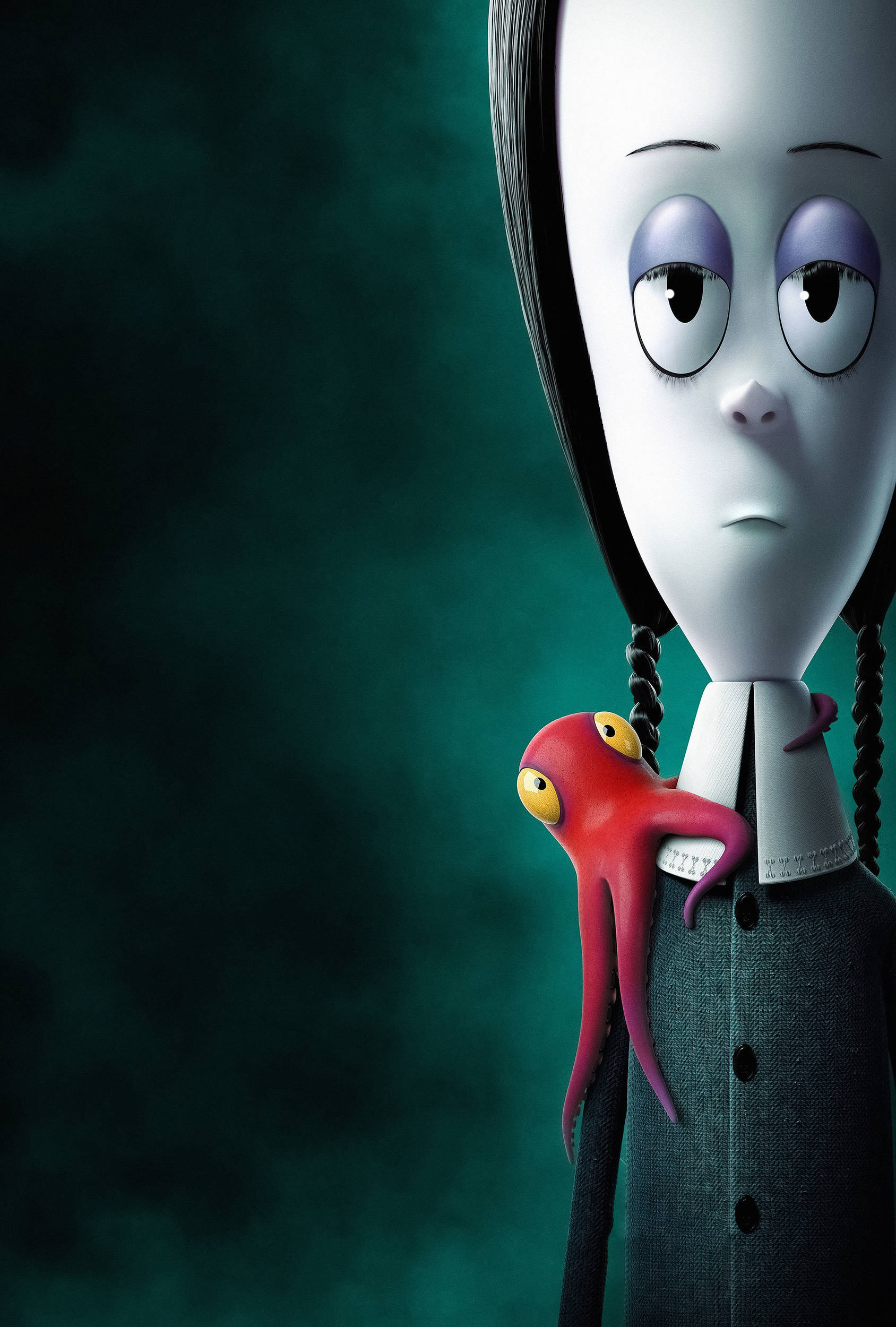 The Addams Family 2 桌布 壁紙 — 一個蒼白的動畫女孩，黑色辮子，領子上有一隻紅色章魚，背景是深藍綠色。