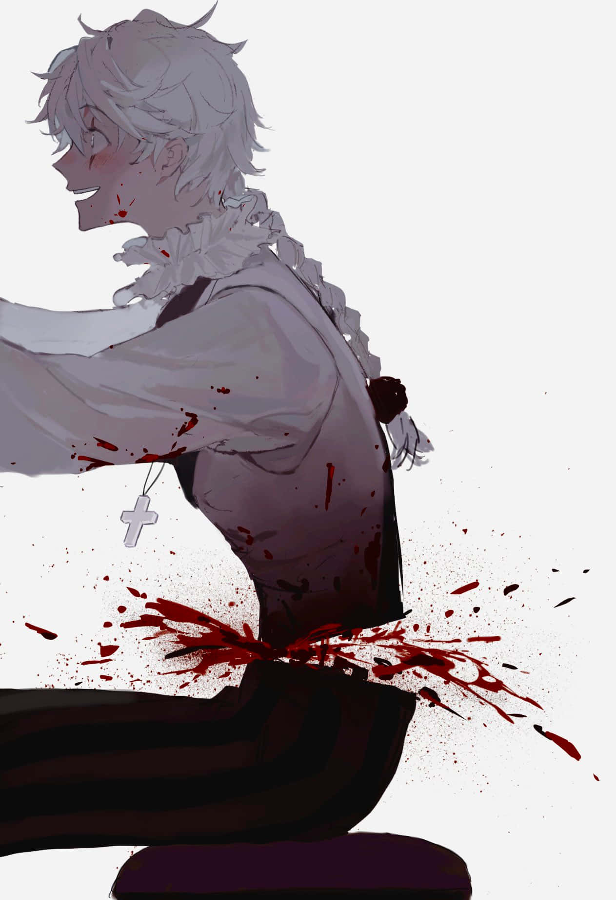 Horror Anime Boy 桌布 壁紙 — 一個蒼白的動畫男孩，白髮，戴著十字架項鍊，側面顯示，衣服和身體上濺滿了血。