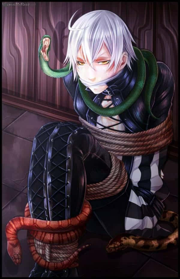 Black Butler Snake 桌布 壁紙 — 一個蒼白的動畫男孩，白髮黃眼，被繩索和蛇綁在黑暗的木房間裡。