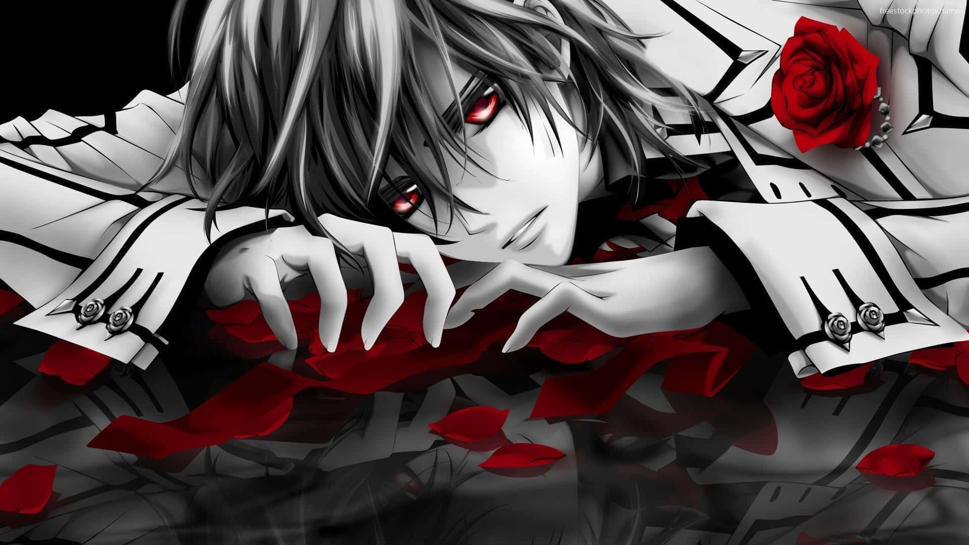 depressed anime 桌布 壁紙 — 一個蒼白的動畫男性，紅眼睛，銀色頭髮，躺在散落的紅玫瑰花瓣和他白色外套上的一朵玫瑰之間。