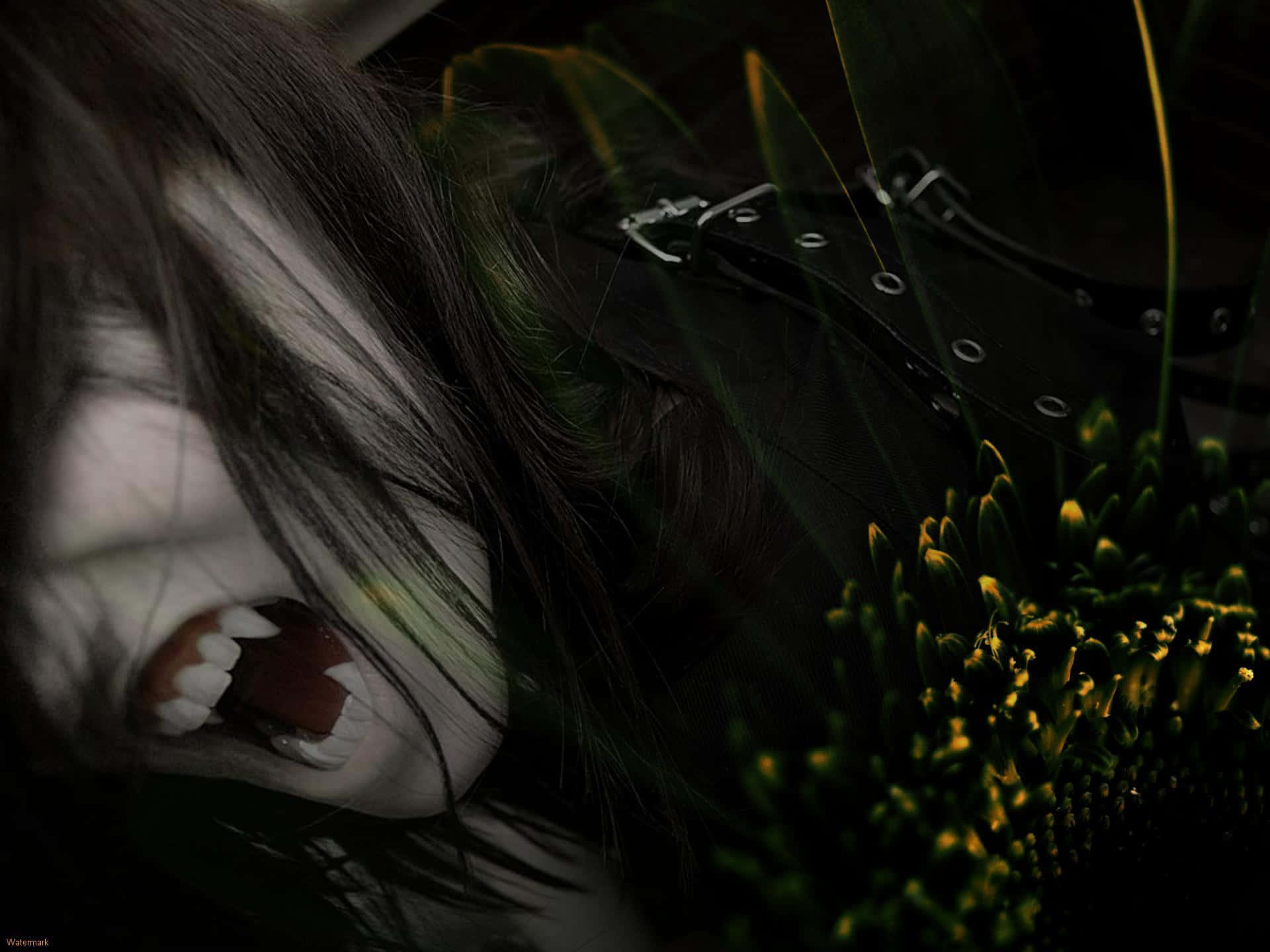 Vampire Aesthetic 桌布 壁紙 — 一個蒼白的吸血鬼女人，有尖牙和黑髮，在陰暗的綠色調中俯身於向日葵上。