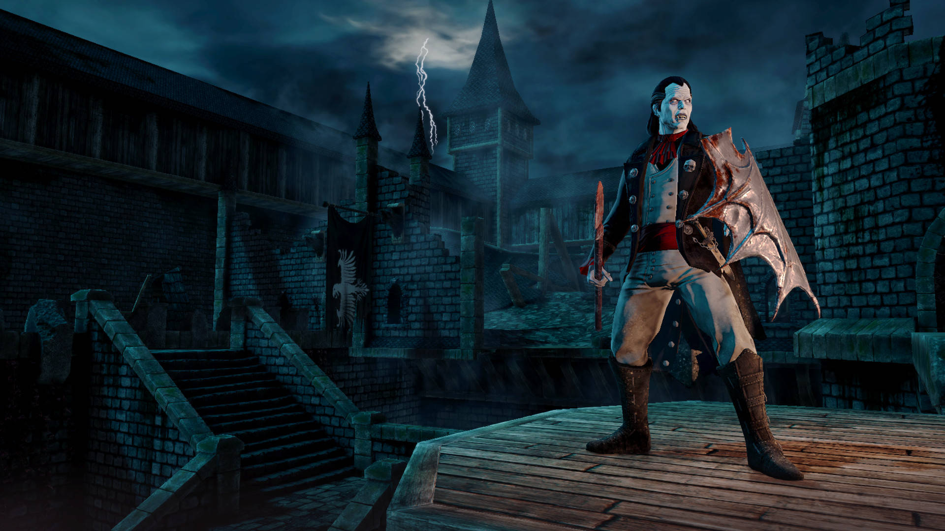 mordheim city of the damned 桌布 壁紙 — 一個蒼白的吸血鬼戰士帶著蝙蝠翅膀，站在風暴中的哥德式城堡前的木製平台上，閃電在頭頂劈下。
