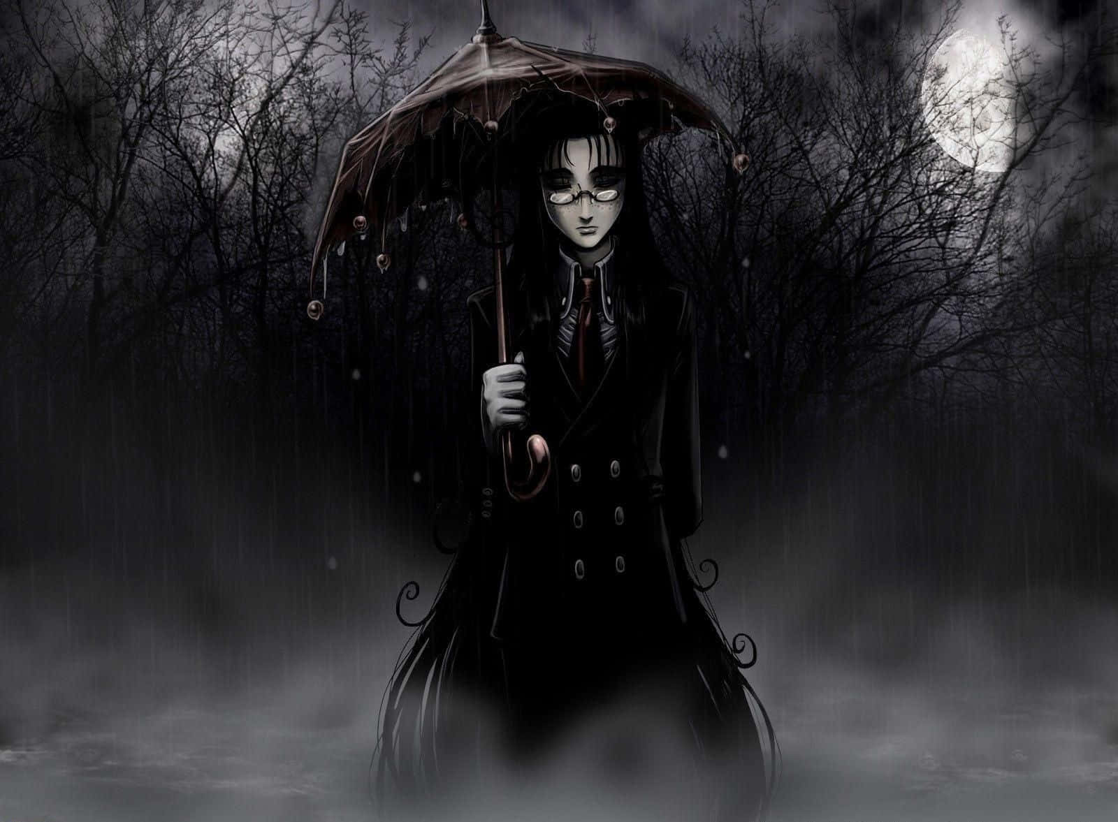 Dark Gothic 桌布 壁紙 — 一個蒼白的哥德式人物穿著黑色外套，在滿月下、霧氣瀰漫、雨水浸透的森林中拿著滴水的雨傘。