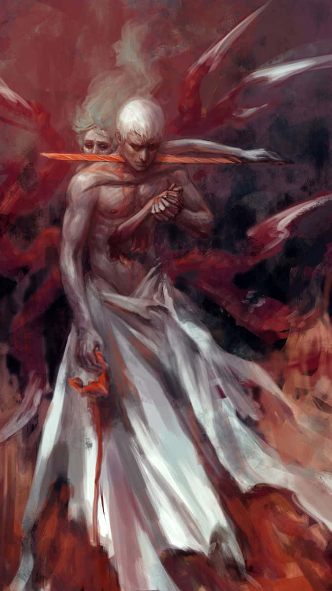 Urban Fantasy 桌布 壁紙 — 一個蒼白的天使般的人物，白髮飄逸，長袍流動，在旋轉的紅黑翅膀和煙霧中手持一把發光的劍。