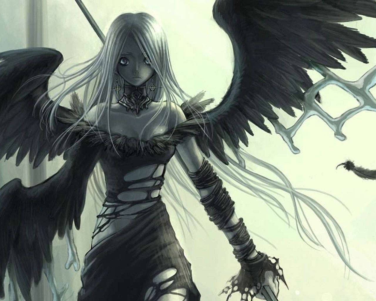 Black Angel Wings 桌布 壁紙 — 一個蒼白的天使般的人物，長長銀髮和巨大黑色翅膀，在柔和發光的背景前手持骨狀武器。