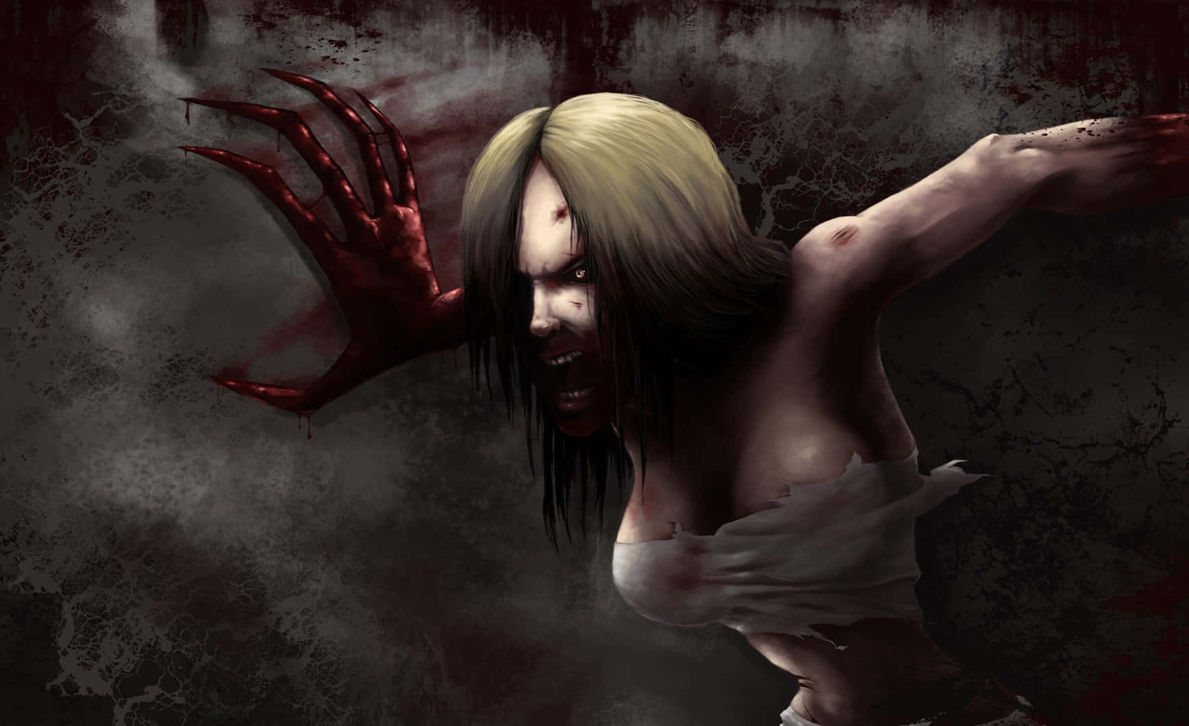 Left 4 Dead Characters 桌布 壁紙 — 一個蒼白的女人，帶著血淋淋的爪子，在黑暗骯髒的背景前猛撲向前。