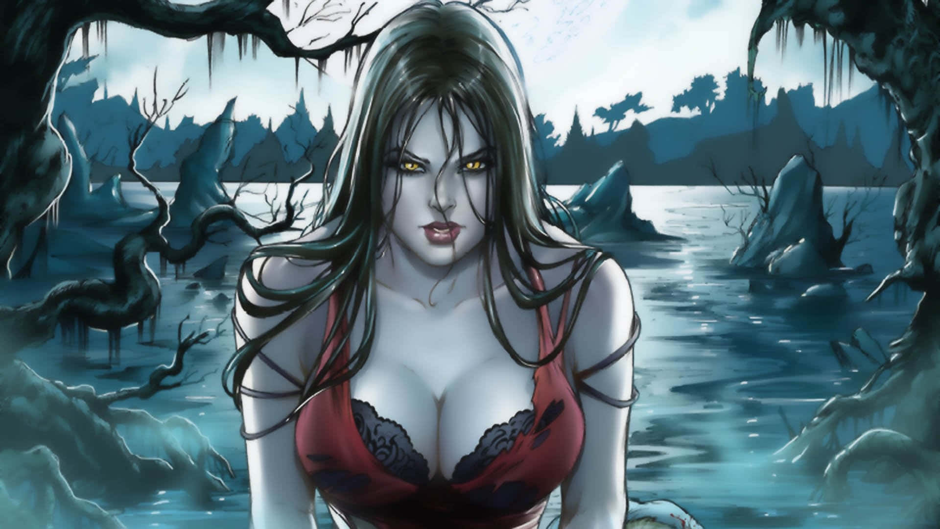 Evil Fairy 桌布 壁紙 — 一個蒼白的女人，有著發光的黃色眼睛和長長的黑髮，站在詭異的沼澤水中，周圍是扭曲的樹木和懸掛的藤蔓。