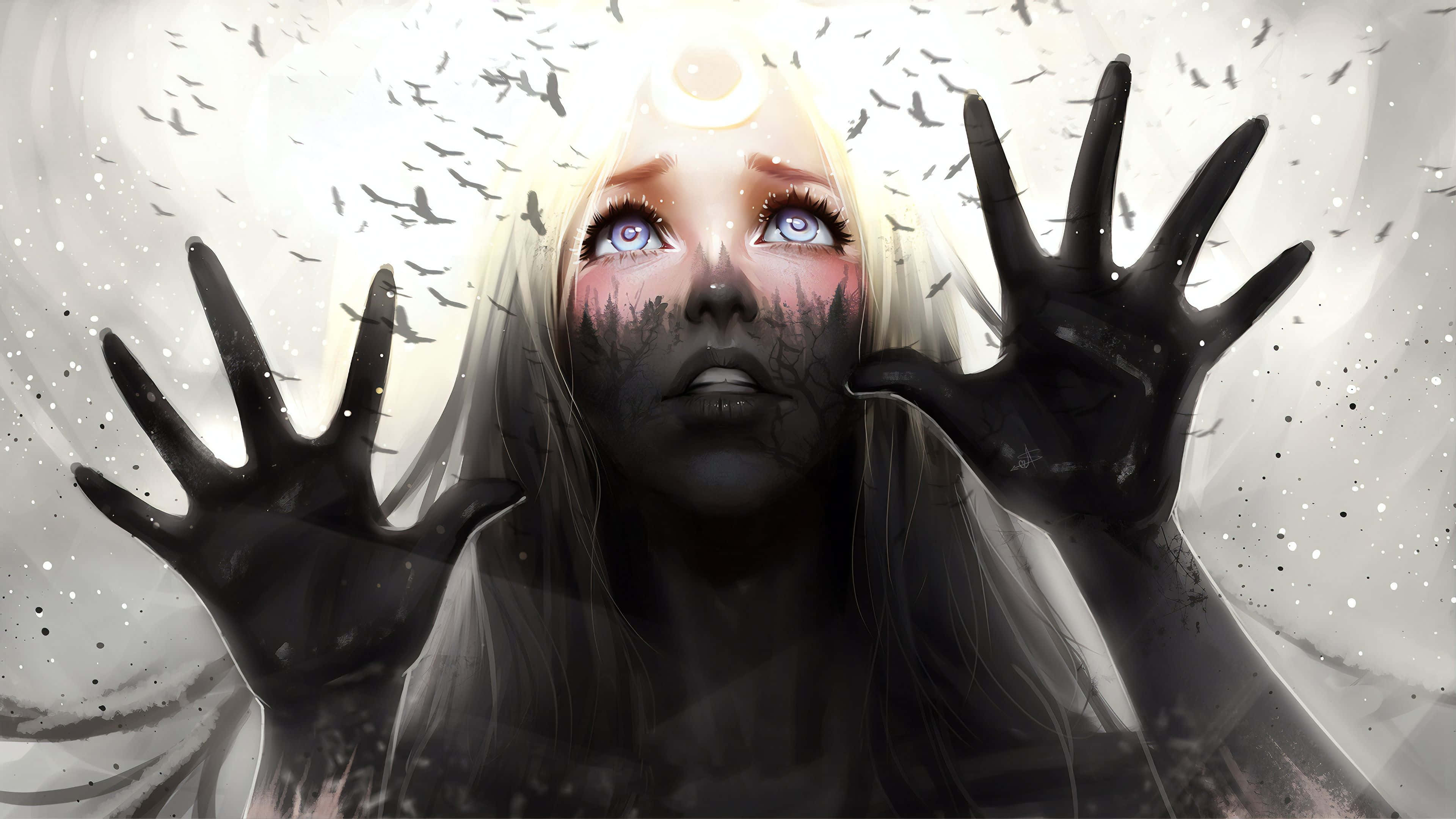 Dark Digital Art 桌布 壁紙 — 一個蒼白的女人，眼睛發光，雙手變黑，向上伸手，鳥群在她光環環繞的頭頂飛舞。