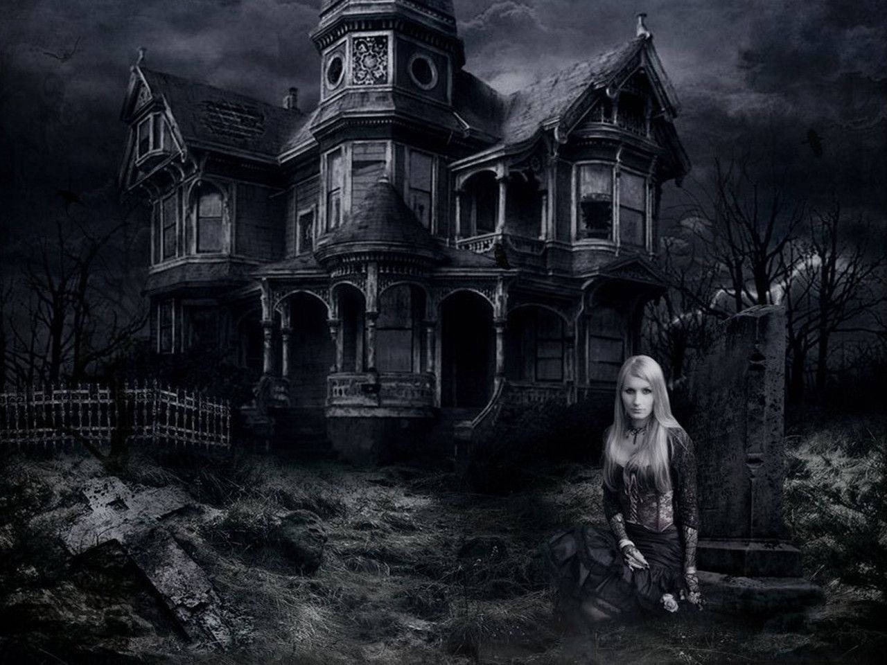 haunted 桌布 壁紙 — 一個蒼白的女人跪在一座破敗的維多利亞式大宅前，背景是暴風雨的夜空，有光禿的樹木和墓碑。